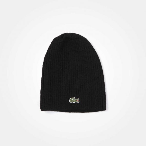 LACOSTE MEN'S GREEN CROCODILE RIBBED WOOL BEANIE